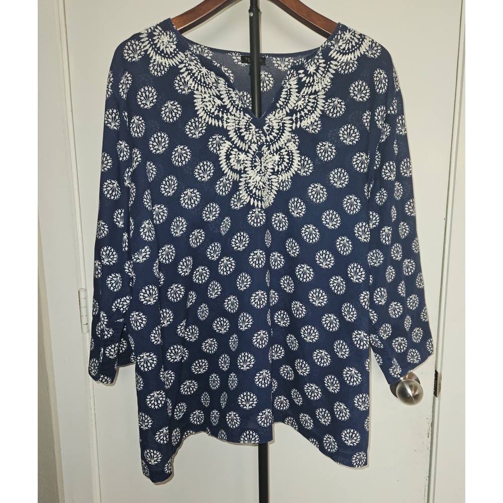 Talbots Tunic Blouse Women 3XP Blue Embroidered Cotton Boho Coastal Grandma Airy - Picture 2 of 9